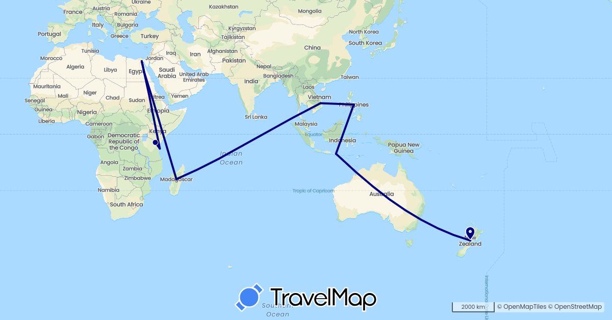 TravelMap itinerary: driving in Egypt, Indonesia, Madagascar, New Zealand, Philippines, Tanzania, Vietnam (Africa, Asia, Oceania)